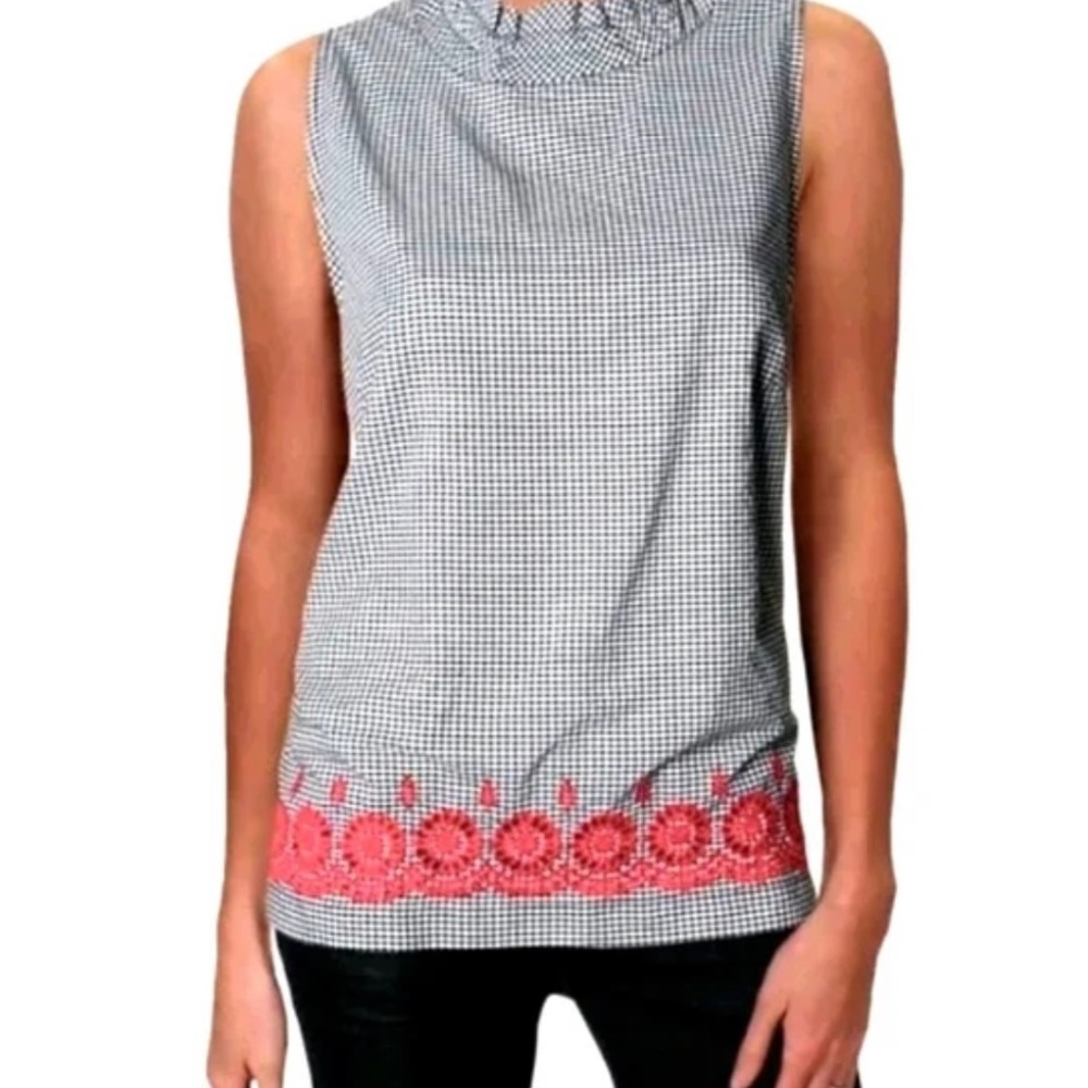 Nine West Black And White Gingham Red Embroidered Top Size M